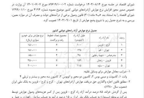تردد در پنج آزادراه پیرامون تهران از اول بهمن گران می شود/ افزایش ۱۲ برابری عوارض آزادراه!