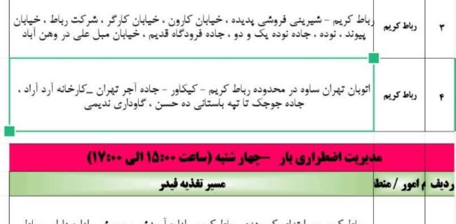 برنامه زمان بندی خاموشی برق رباط کریم و نصیرشهر چهارشنبه سوم بهمن ماه  برای دیگران هم بفرستید